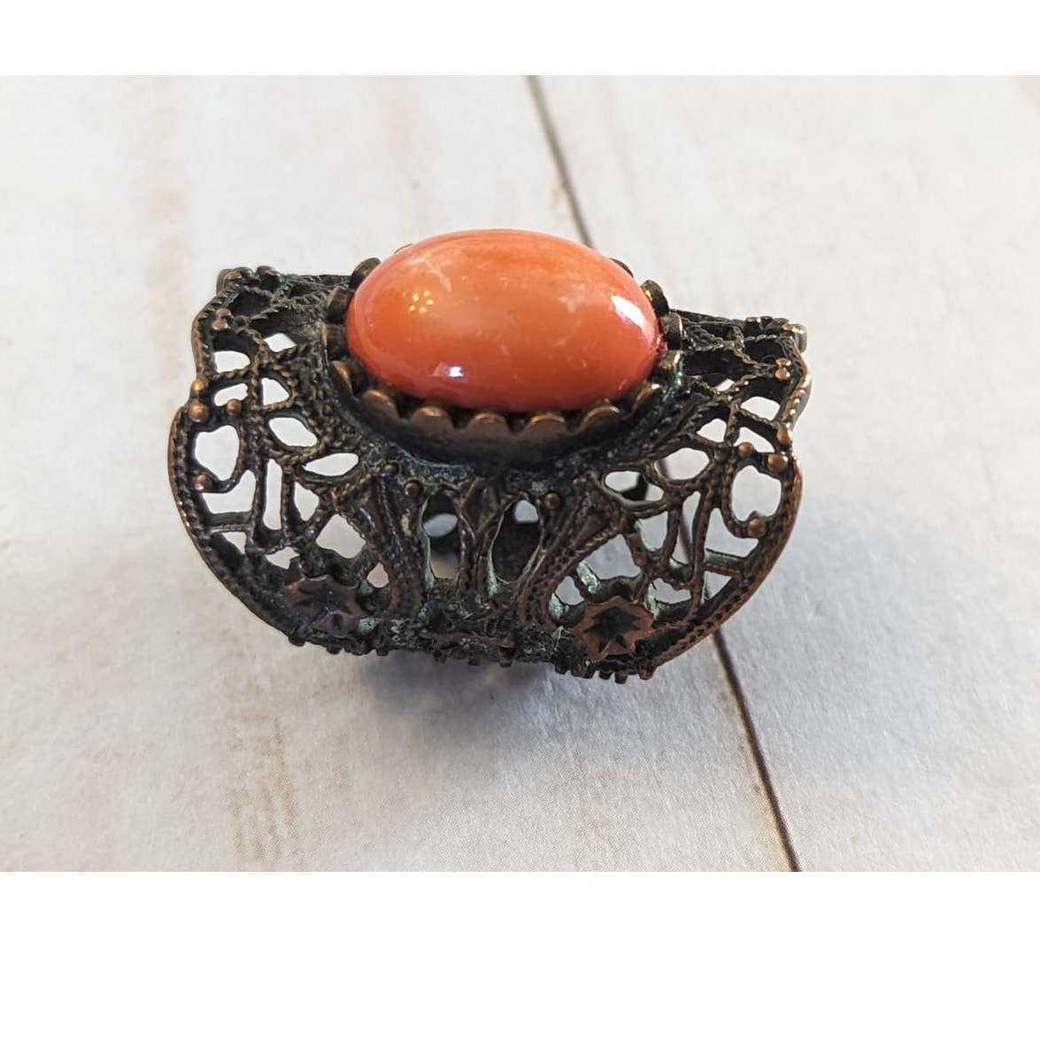 Vintage Copper Ring With Orange Stone 7.5